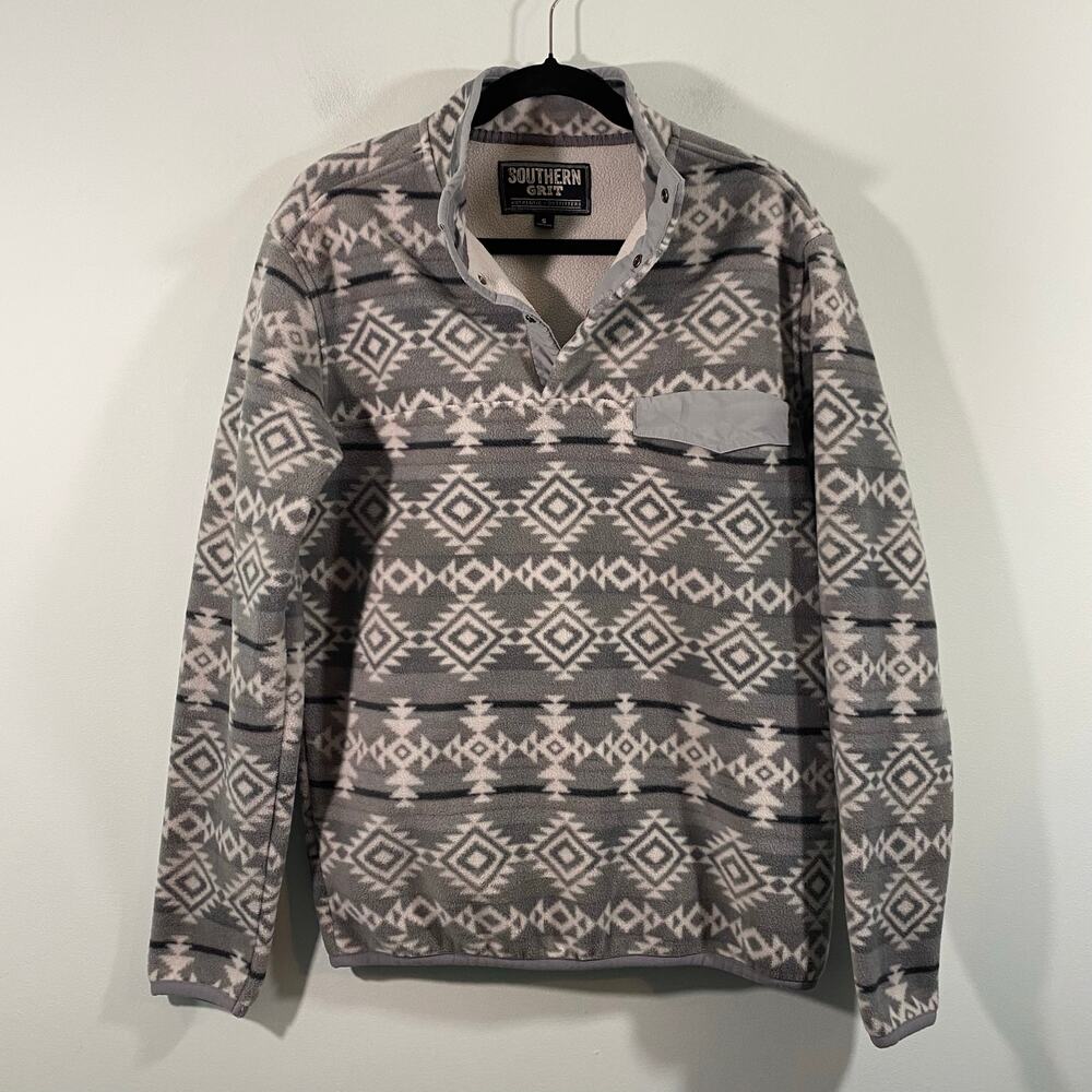 Southern Grit Men Grey & White Aztec Print Snap Neck Fleece Pullover Size S